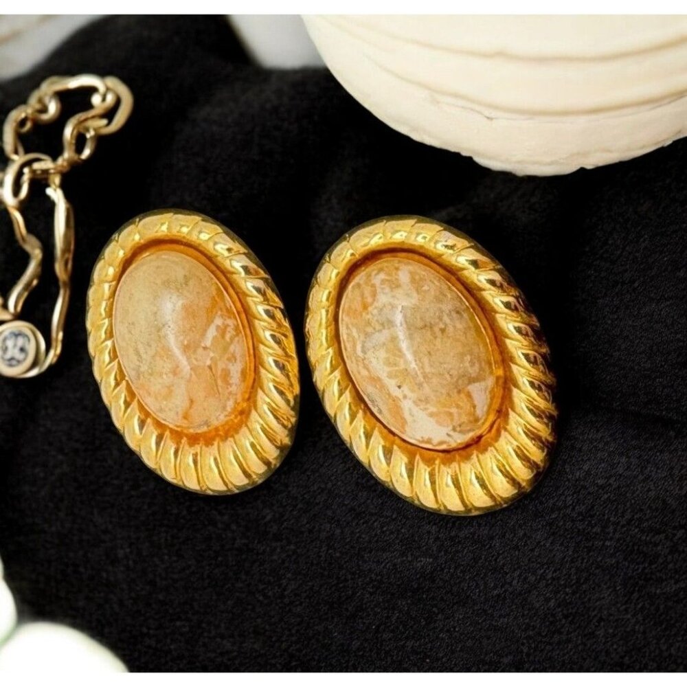 Vintage Gold Tone Oval Stud Earrings with Stone Accent Textured Frame